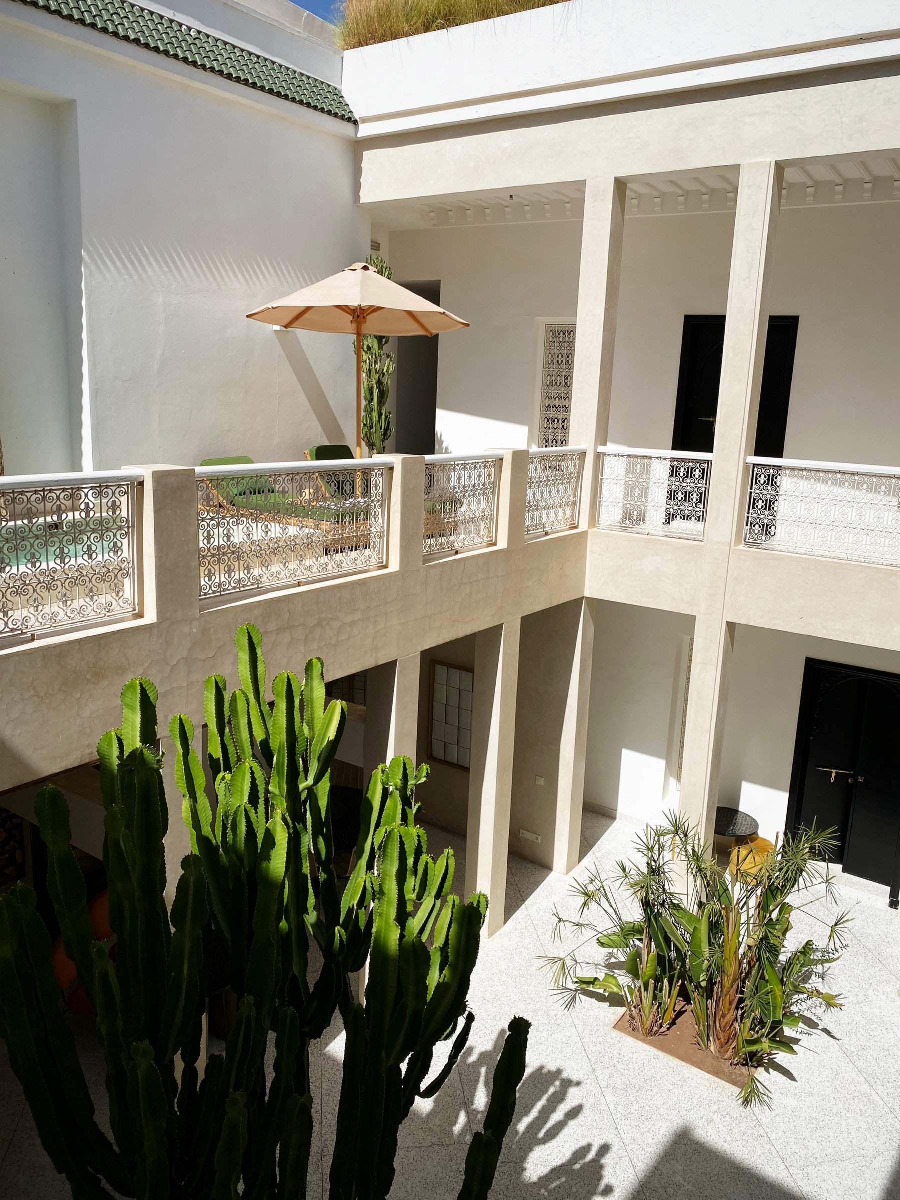 The galleries of Numa around the courtyard, with cactus and potted plants