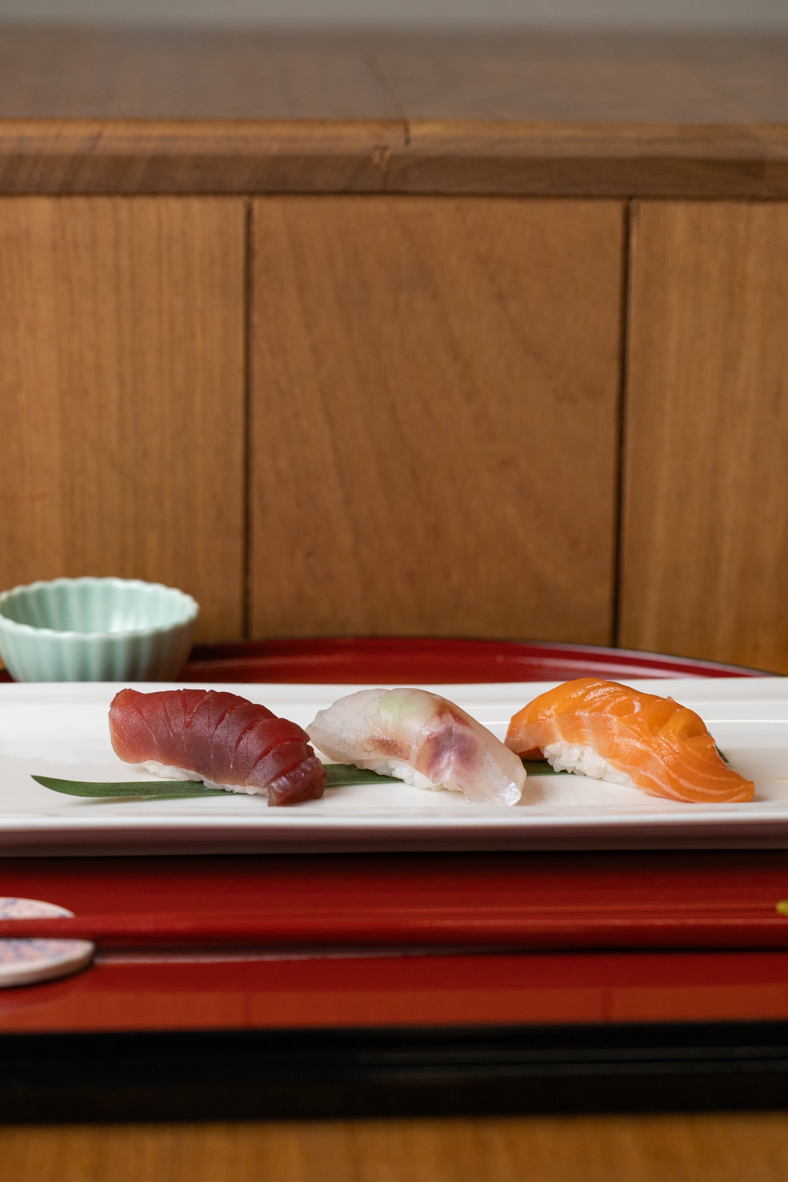 served on a red lacquer tray