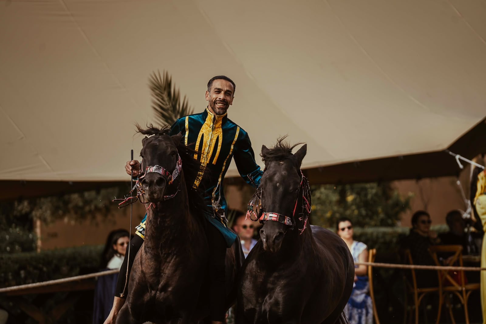 A rider and his horses in front of the guests' tent