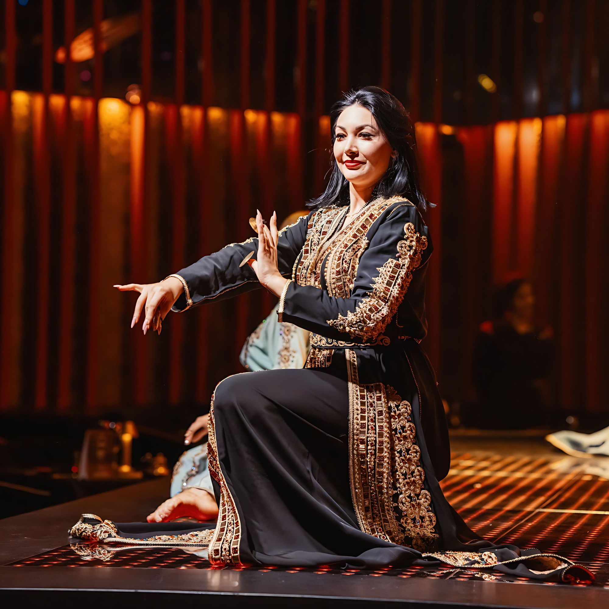 Dancer kneeling in a black and gold caftan against backlit red fluted panels.
