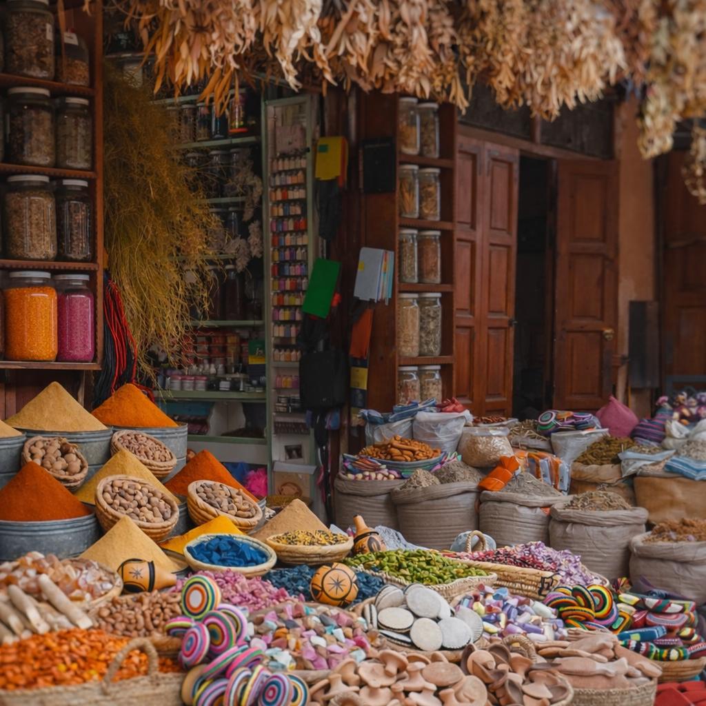 Spices, pigments and dried flowers on a stall in Souk Semmarine